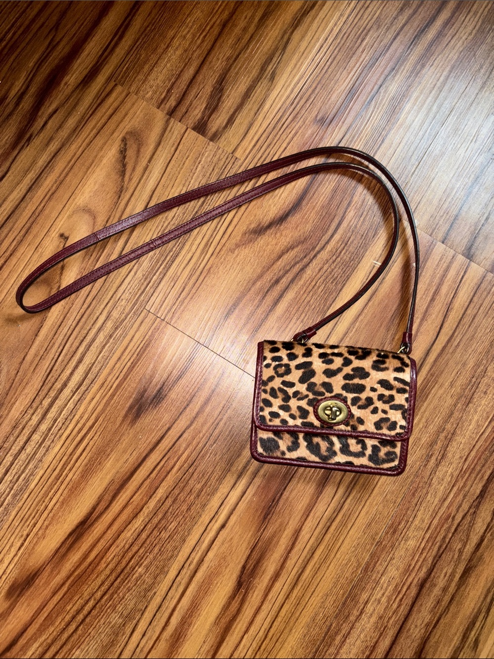Vintage Coach Leopard Print Crossbody Mini Bag with Burgundy Trim